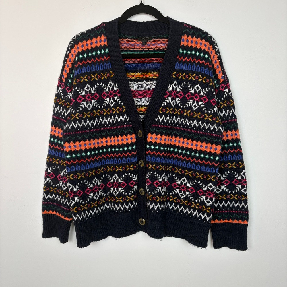 Talbots Women Fair Isle Intarsia Cardigan XLP Navy‎ Multi Nordic Preppy Cottage